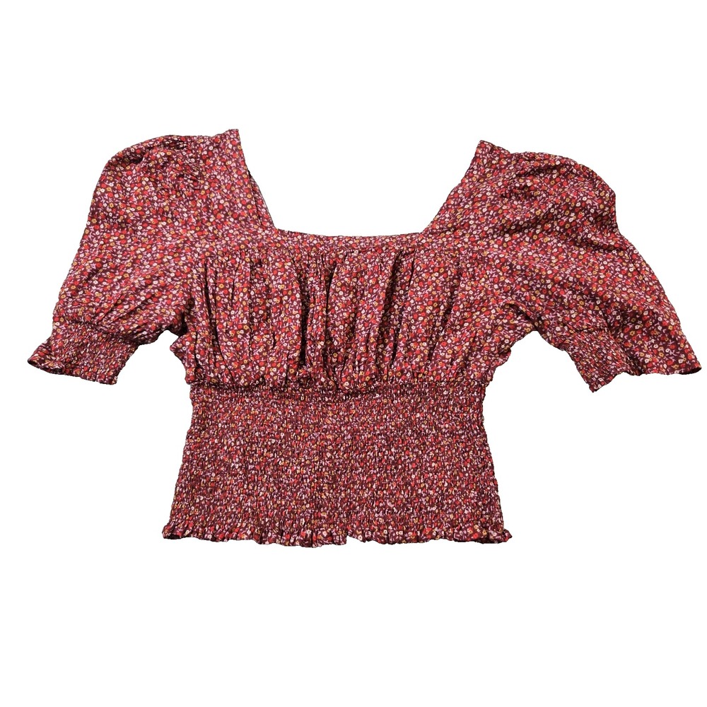 Universal Thread Women's Top Cropped Smocked Ruche Bust & Puff Sleeves Large